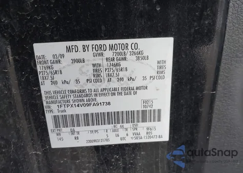 2009 Ford F-150 Fx4/Lariat/Xl/Xlt из США, поврежденный, VIN 1FTPX14V09FA91738